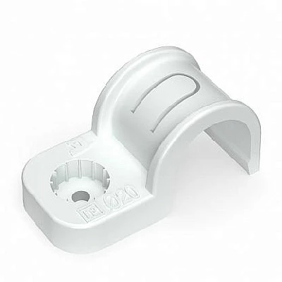 Крепеж-скоба пластиковая односторонняя для прямого монтажа атмосферостойкая белая в п/э d20 мм (50шт/600шт уп/кор) (PR13.0377)